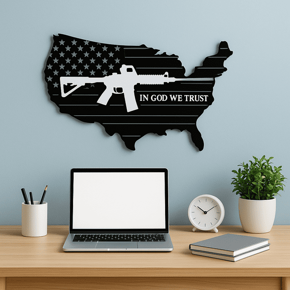 HELLOYOUNG 11.81 Inch Art Deco American Flag & Gun Metal Wall Art in God We Trust Patriotic Decor Retro Iron Hanging for Independence Day Gift