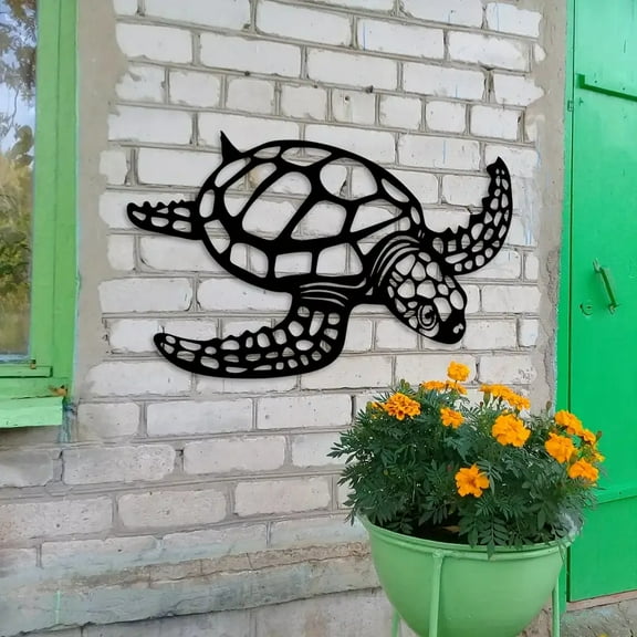 HELLOYOUNG 11.81 - Inch Black Metal Sea Turtle Ornament Iron Painting Wall Art Beach Theme Art of Murals-Inspired Eco-Material Perfect Accessories for Garden and Patio Outdoor Decor