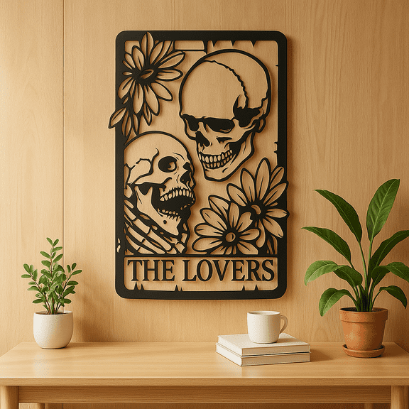 HELLOYOUNG 11.81 Inch Bohemian Metal Skull Couple Wall Art with Floral Motifs & THE LOVERS Inscription - Goth Room Decor Home Decoration Intricate Design Stylish Mural