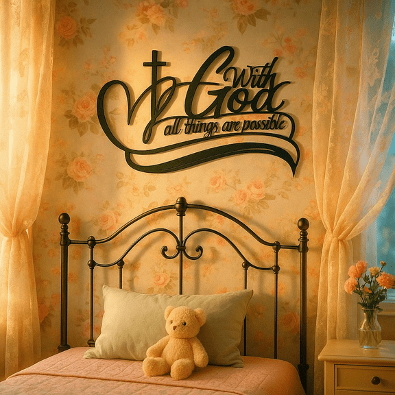 HELLOYOUNG 11.81 Inch Elegant Script Faith Metal Sign with God Everything Is Possible Art Deco Drawings Ideal for Bar Bedroom Decor Elegant Script Design Wall Sculpture