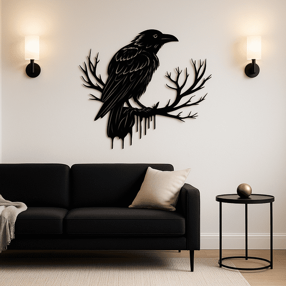 HELLOYOUNG 11.81 Inch Gothic Crow & Tree Metal Wall Art - Viking Style Crow Iron Home Decor with Intricate Feather Durable Wall Sculpture for Living Room Bedroom- Unique Housewarming Gift