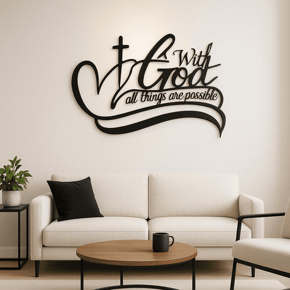 HELLOYOUNG 11.81 Inch Inspirational with God Everything Is Possible Metal Wall Art Classic Faith Decor Elegant Script for Living Room Garden Art of Murals Metal Wall Decor