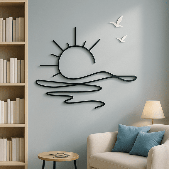 HELLOYOUNG 11.81 - Inch Metal Wall Art Minimalist Ocean Sunrise Iron Painting Abstract Line Pattern Sunrise Art Chic Iron Wall Decor Minimalist for Modern Home Bedroom Living Room