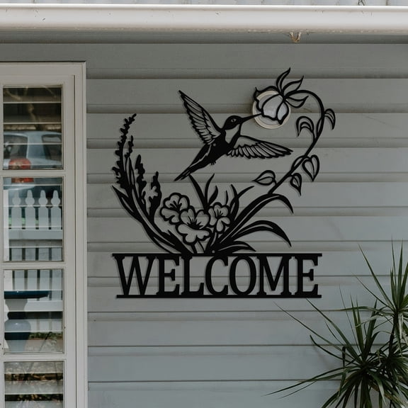 HELLOYOUNG 11.81 Inch Minimalist Welcome Metal Art Flower & Hummingbird Bohemian Sign Indoor/Outdoor Wall Mural for Balcony Welcome Sign Iron Mural for Home