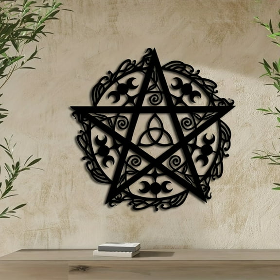 HELLOYOUNG 11.81 - Inch Mystic Metal Pentagram Art with Intricate Triple Moon Design Iron Sculpture Marker with Celtic Knot Modern Fantasy Style for Living Room/Bedroom Decor