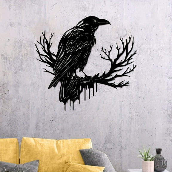 HELLOYOUNG 11.81 Inch Viking Crow & Tree Wall Sculpture Gothic Metal Art with Feather Details Durable Wall Sculpture Unique Decor for Living Room/Bedroom