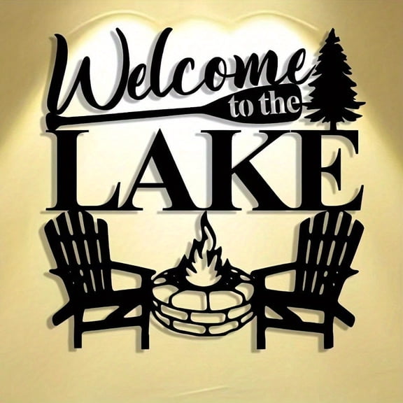 HELLOYOUNG 11.81 Inch Welcome To The Lake Metal Wall Decor Bonfire & Paddle Design Rustic Waterproof Panels for Bedroom & Lake House Outdoor Wall Decals & Stickers