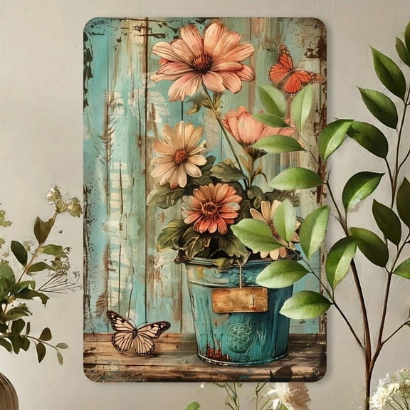 HELLOYOUNG 11.81in Antique Metal Wall Sign Rustic Vintage Daisy Butterfly Pattern Boho Plaques & Signs Wall Art Indoor Outdoor Decorative Hanging for Home Shop Cafe Gift