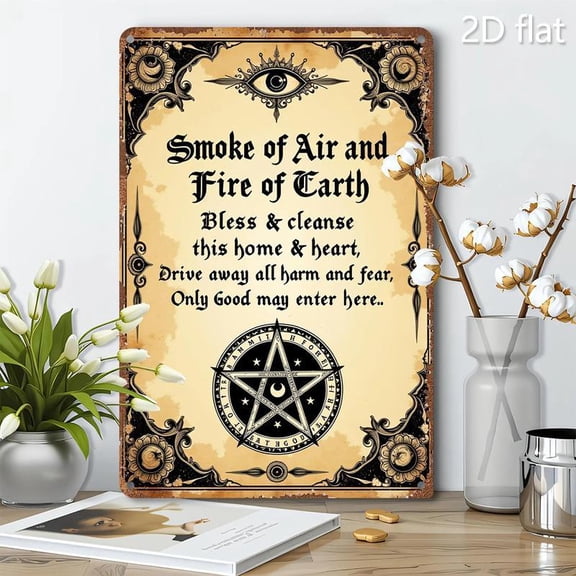 HELLOYOUNG 11.81in Bohemian Gothic Metal Wall Sign Flat Mystical Symbols Iron Art with Smoke of Air & Fire of Earth" Blessing, Indoor Outdoor Decor for Home Office, No Electricity Needed