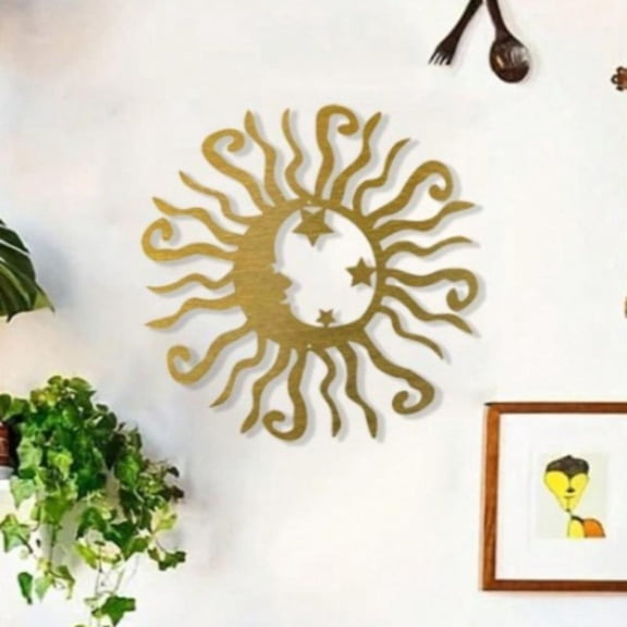 HELLOYOUNG 11.81in Metal Sun Moon Wall Decor Indoor Outdoor Waterproof Rustproof Modern Aesthetic Garden Patio Living Room Hanging Ornament Holiday Halloween Christmas Gift