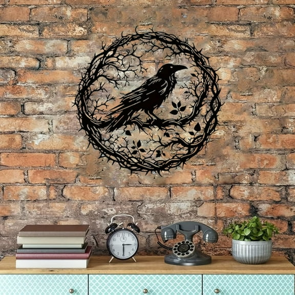 HELLOYOUNG 11.8In Gothic Raven Metal Wall Art - Crow Birds on Branch Plaque, Black Vintage Dark Academia Decor for Living Room Bedroom, Unique Halloween Christmas Gift Sculpture