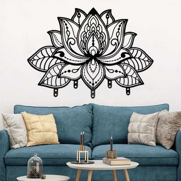 HELLOYOUNG 12.59 inch Black Lotus Iron Art hook Metal Art Prints Classic Pattern Wall Hanging for Living room/entryway Modern Simple style Beautify the space Highly practical Exquisite texture
