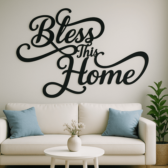 HELLOYOUNG 12.6 Elegant Black Metal Blessing Sign Artistic Rustic Farmhouse Decor Script Wall Sculpture Creates Warm Vibe for Living Room Decor