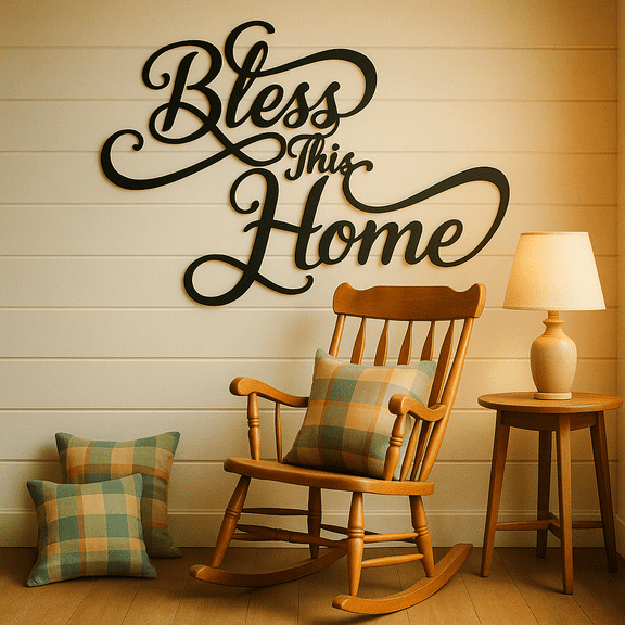 HELLOYOUNG 12.6 Warm Home Wall Transformation Cursive Font Metal "Bless This Home" Art, Elegant Script Durable Living Room Decor Metal Wall Art Decor Artistic Script Design