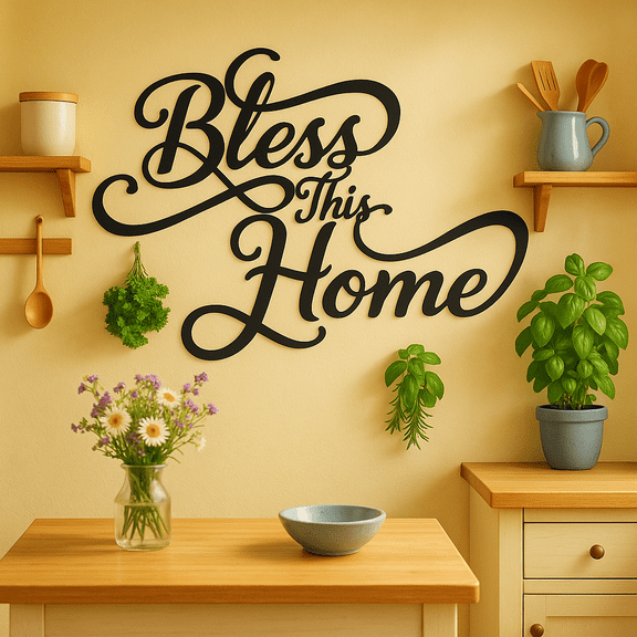 HELLOYOUNG 12.6inch Artistic Black Metal Wall Art  Bless This Home Cursive Script Design Durable Decor for Living Room/Entryway Gift for Housewarming or Holidays