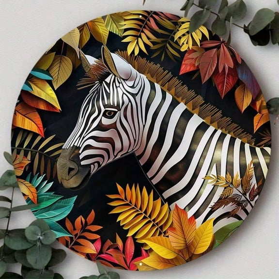HELLOYOUNG 12" Round Aluminum Metal Sign 2D Flat Zebra Wreath Pattern for Door Home Room Wall Decor, Indoor Outdoor Rustproof Art
