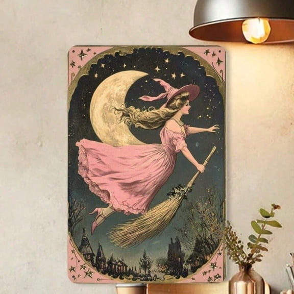 HELLOYOUNG 12"x16" Vintage Witch Metal Sign, Enchanting Pink Dress Witch on Broomstick Wall Art, Whimsical Indoor Outdoor Hanging Decor for Home Office Garage, Fantasy Halloween Room Decoration