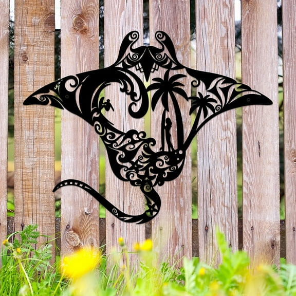 HELLOYOUNG 13.7 - Inch Classic Pattern Tropical Manta Ray Iron Painting Wall Panels Metal Art Decoration for Garden and Patio Outdoor Decor Island Style Transform Outdoor Into Seaside Retreat