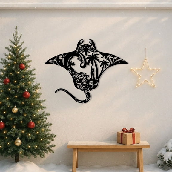 HELLOYOUNG 13.7 Inch Eco Friendly Manta Ray Iron Painting Wall Art Prints Tropical Island Design for Entrance Cover Defects All Transformation Artifact with Ocean Breath