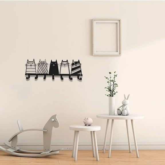 HELLOYOUNG 13.74 - Inch Eco Friendly Cat Iron Painting Hooks Five Cats Design 7 - Hook Coat Rack Modern Decor Ideal for BathroomKitchen Centerpieces Cover Defects