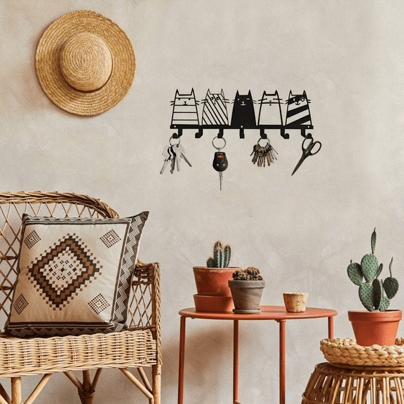 HELLOYOUNG 13.74 - Inch Metal Art Five Cats Hooks Iron Painting Design Hanging Art 7 - Hook for Keys/Coats Modern Simple Wall decor Perfect for Living Room Create Warm Atmosphere