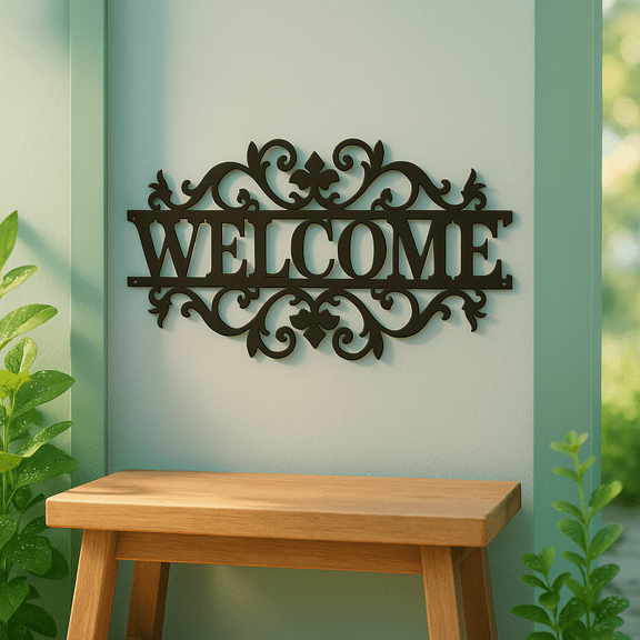 HELLOYOUNG 13.78 Inch Boho Welcome Metal Wall Art Ornate Scrollwork Design Horizontal Hanging Durable Porch Sign with Easy-Install Hardware for Gate Entryway Patio