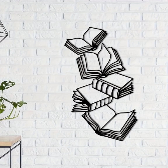 HELLOYOUNG 14.57 Inch Reading Space Wall Accent Book-Themed Metal Sculpture Minimalist Black Open Stack Living Room Decor Enchanting Metal Wall Art for Book Lovers