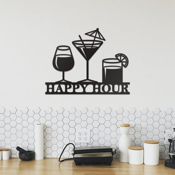 HELLOYOUNG 14 inch Black Metal "Happy Hour" Sign Wine Glass wall Decoration suitable for bar/Living Room Light Luxury style Strong artistic sense