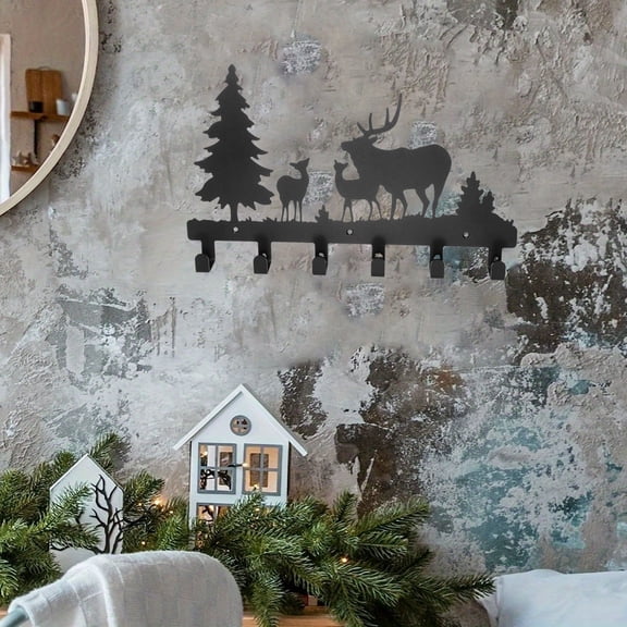 HELLOYOUNG 15.7 - Inch Durable Elk Iron Painting Hooks Jungle Silhouette Moon Cloud Decor Rust - Proof Multi - Hook for Bathroom/Entrance Cover Defects Hanging Organize