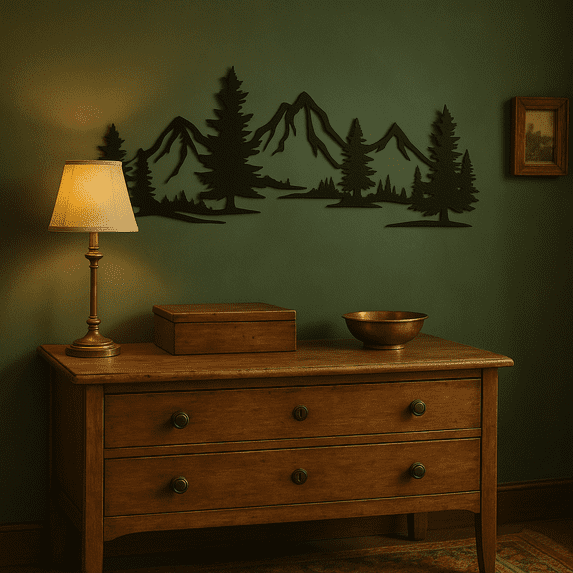HELLOYOUNG 15.74 Inch Rustic Metallic Forest & Mountain Wall Art – Evergreen Tree Design Tiki Farmhouse Hanging Decor for Kids Room Christmas Gift