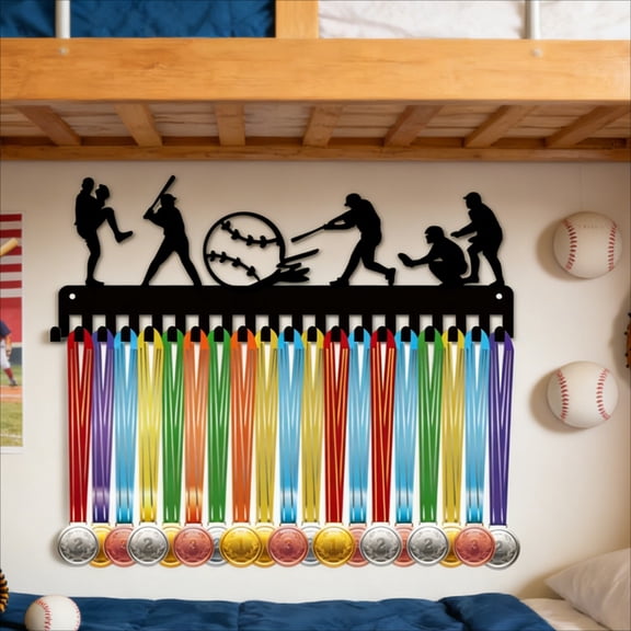 HELLOYOUNG 15.7in Wall Mounted Metal Hook Rack 20 Hooks Medal Display Stand for Baseball Fans Heavy Duty Coat and Towel Holder Hallway Entryway Utility Organizer Industrial Black Finish