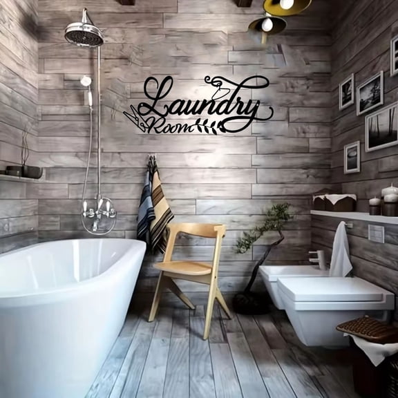 HELLOYOUNG 15 - Inch Black Metal "Laundry" Letter Art with Stylish Cursive Lettering Iron Painting Modern Retro Style for Laundry Room/Utility Space Decor