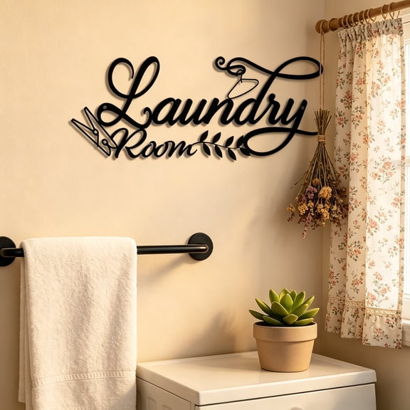 HELLOYOUNG 15 Inch Black Metal "Laundry" Letter Wall Pediments with Stylish Cursive Lettering Iron Painting Modern Retro Style for Laundry Room/Utility Space Decor