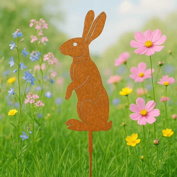 HELLOYOUNG 15 Inch Rustic Metal Bunny Stake  Rusty Rabbit Silhouette Standing Garden Sculptures for Farmhouse Outdoor Decor Easter Pastoral Standing Rabbit Sculpture
