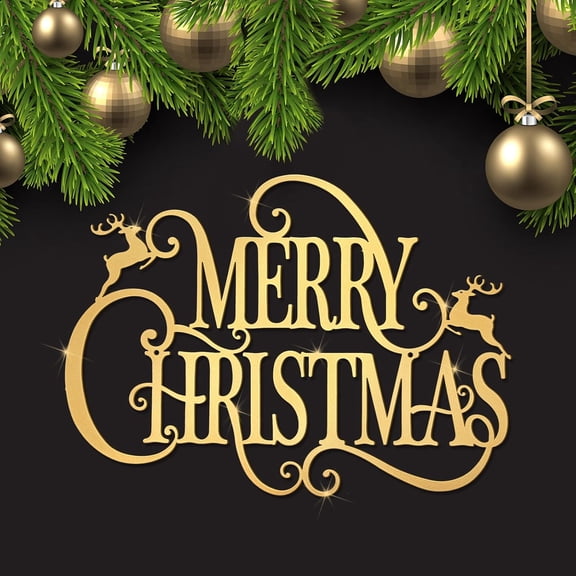 HELLOYOUNG 15 X 10.8 Inches Gold Metal Christmas Hanging Sign Merry Christmas Word Sign Rustic Wall Decor for Indoor Outdoor Yard Party Ornaments Sign