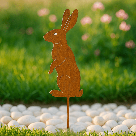 HELLOYOUNG 15 inch Rusty Bunny Garden Stake Rustic Metal Rabbit Silhouette Standing Sculptures for Farmhouse Decor & Holiday Outdoor Rusty Bunny Ground plug