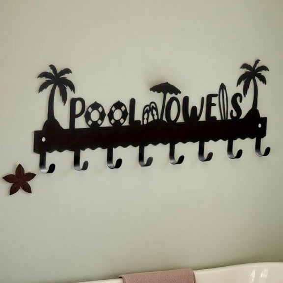 HELLOYOUNG 16.1 Inch 8-Hook Metal Pool Towel Rack Bathroom Accessories Black Finish with Tropical Design Palm Trees & Umbrella for Organizing Towels Robes and Accessories At Pool Spa Beach