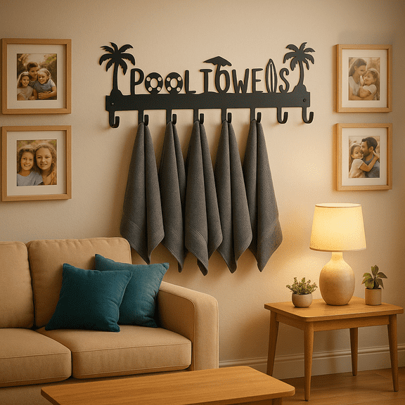 HELLOYOUNG 16.1 Inch 8-Hook Metal Pool Towel Rack - Wall-Mounted Ideal for Bath Towels Robes & More Modern Palm Tree & Wave Design Wall Decor Sturdy Wall Mount Swimsuit Organizer Home Organizers