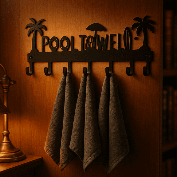 HELLOYOUNG 16.1 Inch 8-Hook Metal Pool Towel Rack Wall-Mounted Rust-Resistant Black Finish with Tropical Design Palm Trees & Umbrella Design Pool Decorations Accessories Hook Towel Racks Spa Beach