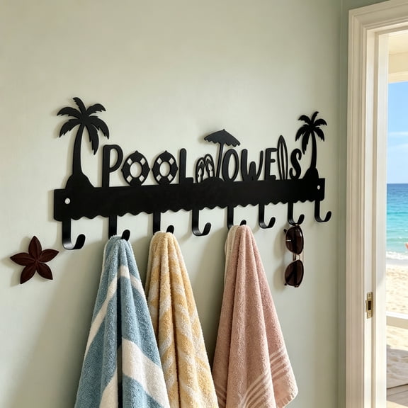 HELLOYOUNG 16.1 Inch Classic Tropical Beach Iron Painting Wall Hooks 8 Hook Metal Decor Palm Trees/Umbrella Design Rust Resistant Pool Decorations Towel Holders Racks