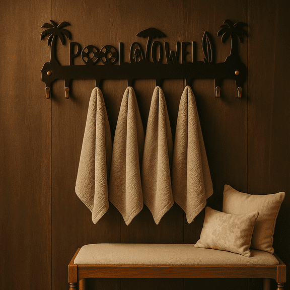 HELLOYOUNG 16.1 Inch Stylish Bathroom & Outdoor Decor 8-Hook Metal Pool Towel Rack Palm Tree & Wave Design for Poolside Spa Beach Organize Towels Robes Swimsuits Ust-Resistant Black Finish Keys Hooks