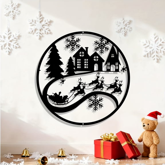 HELLOYOUNG 16inch Santa Sleigh Metal Wall Decor iron wall sculpture with a snowy winter scene, perfect for Christmas, New Year's, Thanksgiving, holiday home decor | winter scene decoration