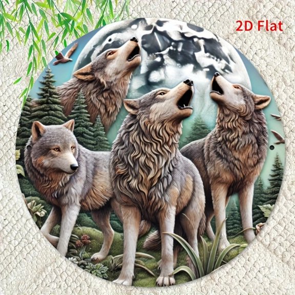 HELLOYOUNG 1PC 2D Flat-Print Circular Metal Tin Sign - Retro Wolf Theme | Rustic Style Decoration Suitable for Home, Caf,