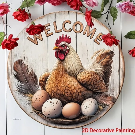 HELLOYOUNG 1PC 2D Graphic Country Style Welcome Sign - Rooster & Egg Pattern | Home/Porch/Indoor Display Decor