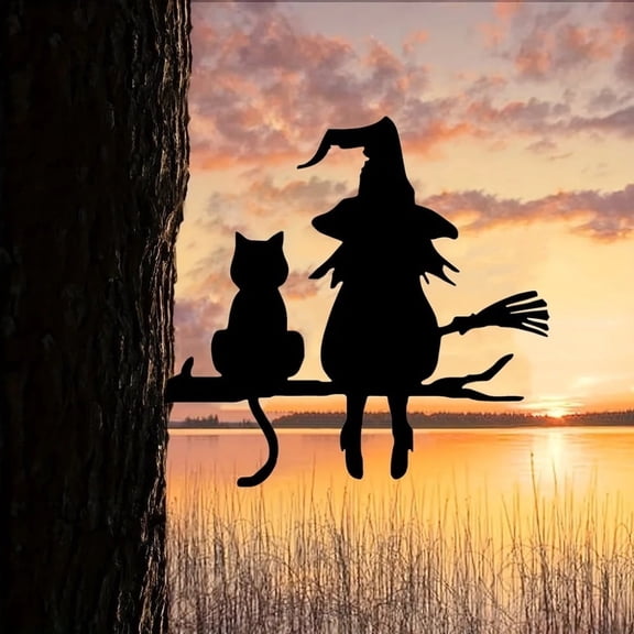 HELLOYOUNG 1PC Halloween & Christmas Iron Witch Cat Garden Stake - Whimsical Outdoor Decor for Yard Lawn or Patio | Rustic Branch Accent Seasonal Gardening Supplies Garden Stuff