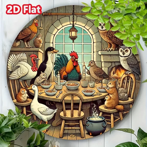 HELLOYOUNG 1pc,Rustic Farmhouse Round Metal Sign, Goose, Rooster, Decorative Farm Animal Themed Sign for Home, Bar, Cafe Decor