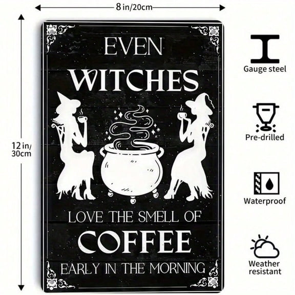 HELLOYOUNG 1PC Witchy Coffee Metal Sign, Vintage Witch Wall Art 2D Flat Design Magical Decor for Kitchen Living Room Coffee Bar 8x12 Inches