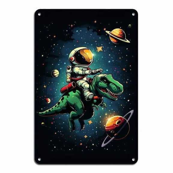 HELLOYOUNG 1PC space-themed iron metal sign, 8x 12inch inches, astronaut dinosaur rocket art, vintage reusable wall decoration, pre-drilled for home