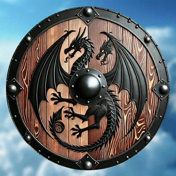 HELLOYOUNG 1pc 2D Flat Nordic Viking Mythology Beast Shield, Vintage Classic Round Metal Sign, Sky Guardian Shield for Home