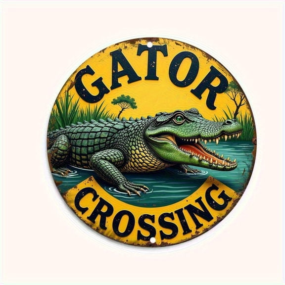 HELLOYOUNG 1pc 2D Metal Wall ArtAlligator & "GATOR CROSSING" Design | Weather-Suitable for Indoor/Outdoor Home Decor | Ideal Holiday Gift